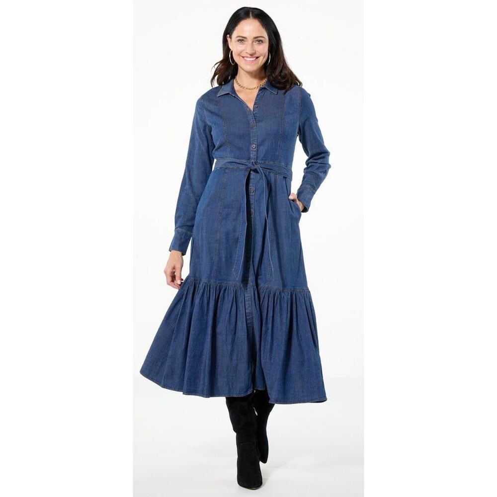 Christie Brinkley TWRHLL  Women's Belted Denim Midi Dress Dark Wash Small